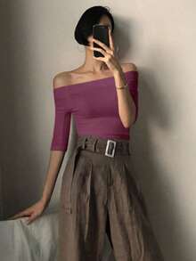 Camiseta negra de manga corta ajustada con hombros descubiertos de unicolor para mujer, primavera/verano - Rosa Fucsia - Ver 3