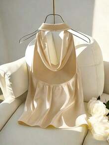 Nueva llegada Primavera/Verano Camiseta de mujer ajustada con escote halter y espalda descubierta - Albaricoque - Ver 2