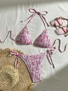 Swim Mod Conjunto de bikini sexy para mujer con estampado floral de verano, copa push-up y cuello halter con lazo - Multicolor 13 - Ver 6