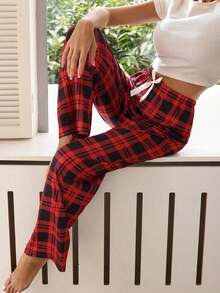 Pantalones de pijama holgados con lazo y estampado de cuadros para mujer, otoño e invierno - Rojo - Ver 6