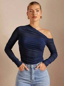 Camiseta de manga larga con cuello asimétrico plisado, ajustada, en color liso, para mujer, para primavera/otoño - Azul marino - Ver 1