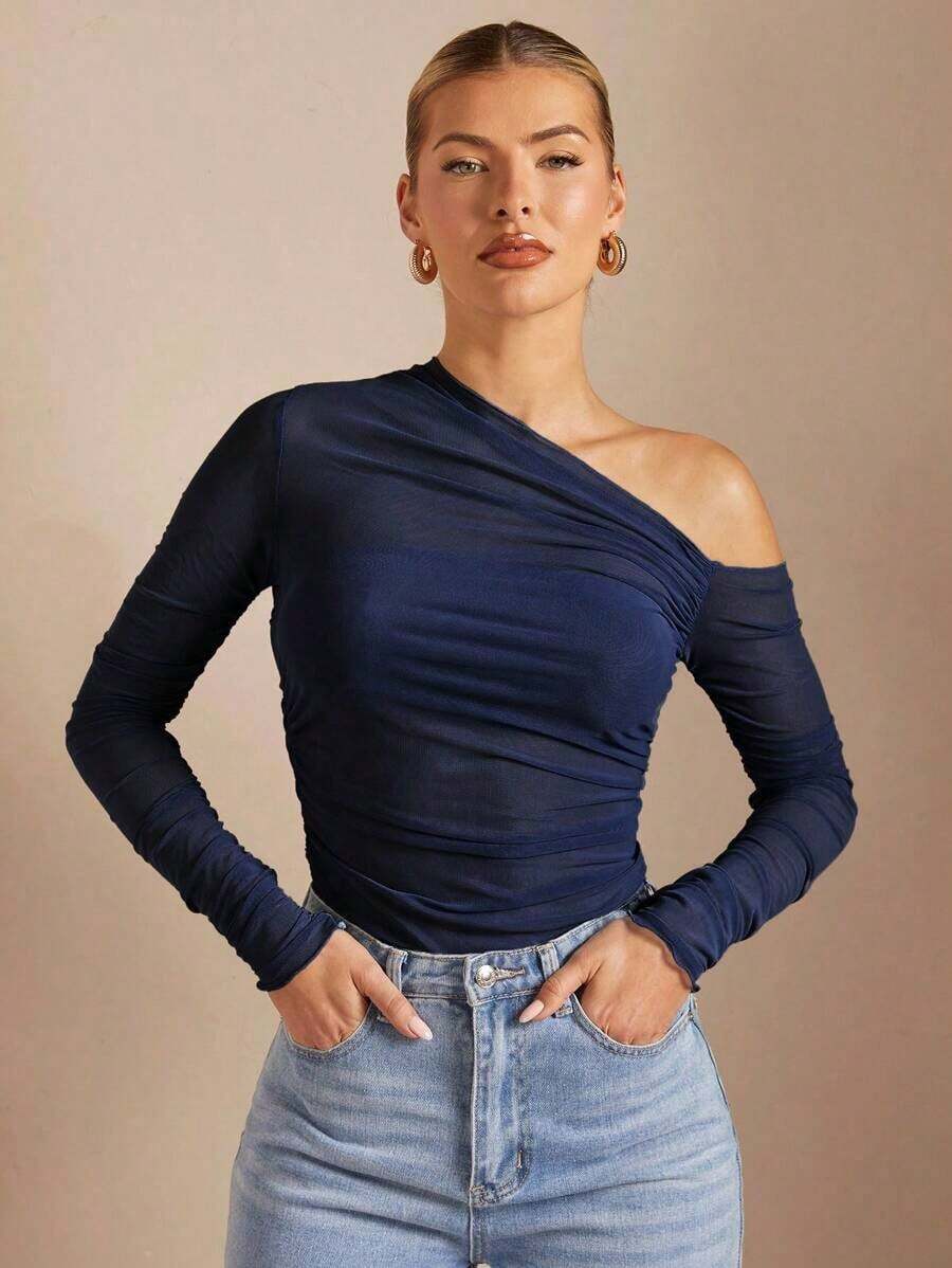 Camiseta de manga larga con cuello asimétrico plisado, ajustada, en color liso, para mujer, para primavera/otoño - Azul marino - Ver 1