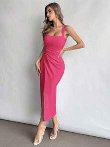 Vestido de cuello cuadrado para mujer con cintura fruncida y abertura.Elegante y adecuado para vacaciones, uso diario o temporada de bodas - Rosa Fucsia - Ver 3