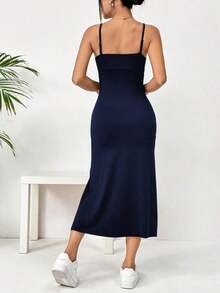 Vestido midi de leopardo con abertura lateral y tirantes - Azul marino - Ver 2