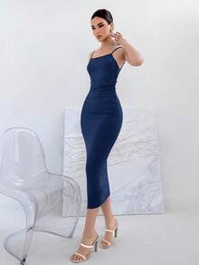 Vestido con tirantes con moño sin espalda, de material elástico, para verano - Azul marino - Ver 5