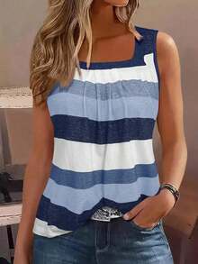 Camiseta sin mangas de mujer con bloques de color y rayas, estilo casual para vacaciones - Azul - Ver 7