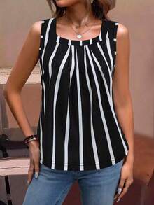 Camiseta sin mangas de mujer con bloques de color y rayas, estilo casual para vacaciones - Blanco y Negro - Ver 5
