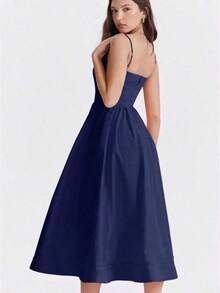 Vestido de fiesta elegante de verano con cuello en U, drapeado y bajo acampanado de unicolor - Azul marino - Ver 6