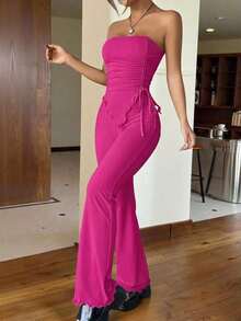 Conjunto de dos piezas con top asimétrico bandeau fruncido de unicolor y pantalones acampanados para mujer - Rosa Fucsia - Ver 4