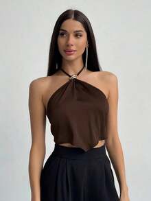 Camiseta de tirantes con cuello halter y bajo asimétrico para mujer - Café integral - Ver 7