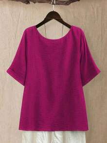 Top holgada de cuello redondo para mujer de talla grande en color verde salvia texturizado, para uso casual/diario/al aire libre/minimalista/vacaciones que estiliza, para primavera/verano - Rosa Fucsia - Ver 2