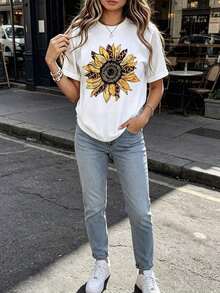 Camiseta con Estampado de Leopardo y Girasol para Mujer, Manga Corta, Estilo Casual, Ajuste Holgado, Color Blanco, Moda de Verano - Blanco - Ver 2