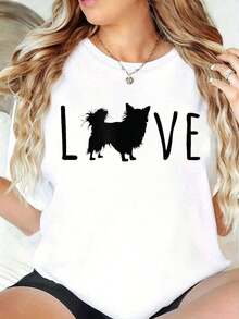 100% Cotton T-Shirt For Pet Lovers (Long-Haired Chihuahua Mom/Dad) - Women's Casual Crew Neck T-Shirt, Fashionable 100% Cotton Clothing, Printed, Crew Neck, Short Sleeve, Stretch Fabric, Summer Top. - 白色 - 查看 1