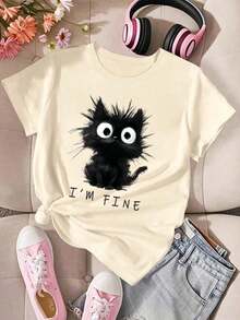 Sparklyn Black Short Sleeve Crew Neck Graphic Tee For Preteen Girls, Casual, Comfortable, And Fashionable Minimalist Graphic Tee, Versatile, With Cartoon, Creative, Fun, Celebrity, Anime, And  Prints, 100% Cotton - 杏色 - 查看 6