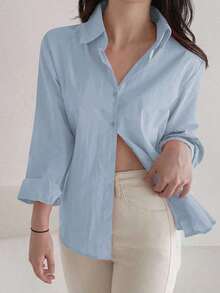 Blusa holgada y versátil de unicolor para mujer, prenda de vestir de otoño con manga larga - Azul - Ver 2