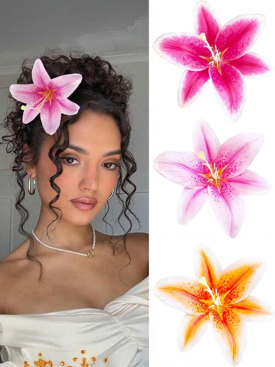1/3pcs Lily Flower Hair Clips, Artificial Hawaiian Flower Hair Clips Suitable For Students, Women, Summer Beach, Party, Wedding, Holiday Gift,Hair Claws,Clips For Hair - Multicolor - View 1