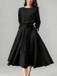 Vestido casual largo de unicolor para mujer con bolsillos y cintura con lazo, adecuado para boda, primavera, elegante, negro - Negro - Ver 5