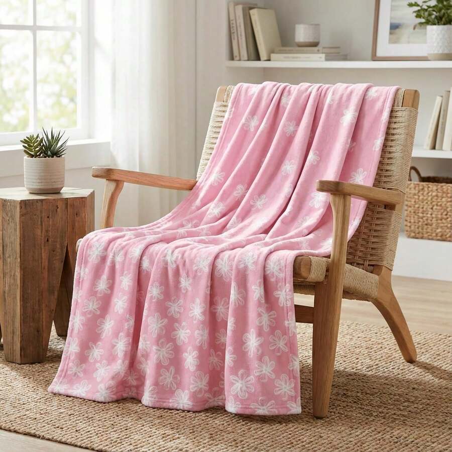 Spring & Summer Flannel Blanket, Soft Plush Comfortable Flannel Blanket With Pink Watercolor Floral Pattern, Suitable For Sofa, Bed, Rest, An Ideal Gift For Family And Wife - Multicolor - View 1
