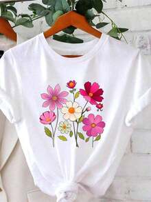 [National Shipping] Talla Grande - Talla Grande - Camiseta Casual Floral para Mujer - Flores de color rosa brillante y blanco sobre un fondo blanco, top de manga corta con cuello redondo para primavera y verano, hecha de material ligero y transpirable, ideal para uso diario. tops de mujer camisetas - Estilo - Ver 7