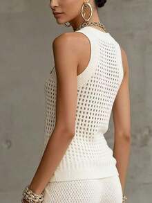 Camiseta de punto calada para mujer, sin mangas, cuello redondo, transpirable y ajustada, versátil camiseta interior elástica para ir al trabajo y citas en verano - Crema - Ver 2