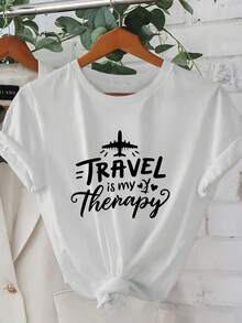 1 Women's Short Sleeve Summer T-Shirt - 2D Geometric Airplane Design With "Travel Is My Therapy" Print. Modern Urban Style. | Youthful Design | Comfortable Fit, Beautiful Clothing. A Very Distinctive Printed T-Shirt / Unisex Style / Suitable For Both Men And Women / Wrinkle-Resistant / Breathable - 白色 - 查看 8