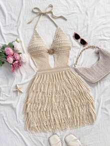 Vestido de suéter ajustado con cuello en V, escote halter y espalda con lazo, estilo bohemio, para vacaciones, otoño/invierno - Albaricoque - Ver 12