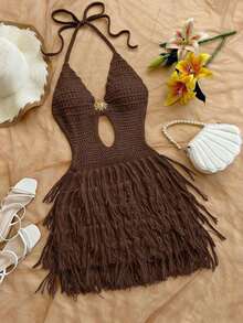 Vestido de suéter ajustado con cuello en V, escote halter y espalda con lazo, estilo bohemio, para vacaciones, otoño/invierno - Café integral - Ver 1