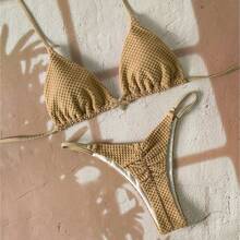 Nuevo estilo de bikini de color sólido, bikini sexy con lazos, traje de baño de dos piezas fresco y sencillo para mujer. - Marrón claro - Ver 5