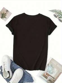 Unique Design Polyester T-Shirt, Crew Neck, Casual And Comfortable, Short Sleeves For Restaurant Wear, Soft Fabric, Lightweight Design, Ideal For Everyday Wear, Stylish Graphic Print, Perfect Fit For Leisure Activities. | Exquisite Design | Loose And Comfortable | Easy To Match | - Black - View 2