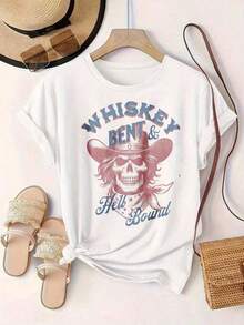 Camiseta Holgada Sencilla Mujer Estilo Moderno Ropa de Mujer, Sombrero de Vaquero con Diseño de Calavera Whiskey Bent And Bound, Camiseta Casual Estampada de Moda para Mujer, Adecuada para Todas las Temporadas, Camisa de Mujer Camiseta Mujer Estampado Gráfico  Verano 2026 - Blanco - Ver 3