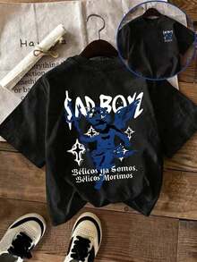 Under The Radar Women's Sad Boy Print Casual Black T-Shirt, Crew Neck, Drop Shoulder, Short Sleeve, Streetwear Style - Unisex Cotton Loose Fit Short Sleeve Crew Neck Vintage Style T-Shirt. - 黑色 - 查看 5