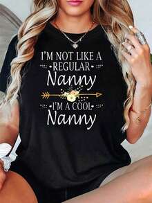 Designed For Modern, Stylish, And Comfortable Women. This Nanny-Themed T-Shirt Features Floral Arrow And Slogan Embellishments, Casual Short Sleeves, And A Professional And Elegant Everyday Top In Gold And White Tones. Made With Premium Soft And Breathable Fabric, It's Designed For All-Day Comfort And Versatile Everyday Wear, Perfect For Casual Outings. - 黑色 - 查看 6
