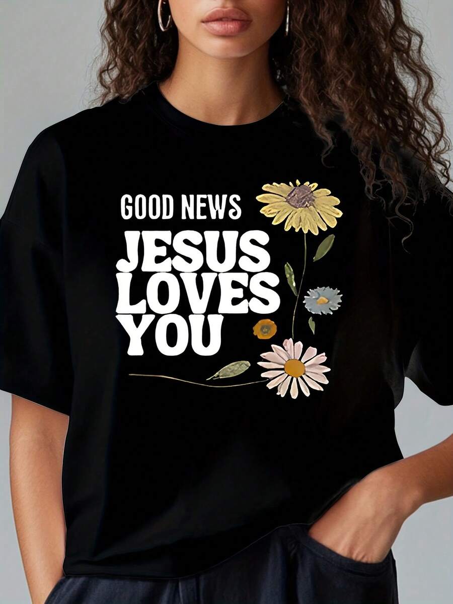 Multicolor Fitted T-Shirt - Bible Verse Print - 180g Pure Cotton T-Shirt - Suitable For Churches And Women Believers/Church Choirs/Evangelism Meetings/Summer Gospel Camps/Passion Week/Easter/Five Hundred And Fifty Days Of /Processed In The USA - 黑色 - 查看 1