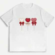 Camiseta con estampado de corazón y lazo, camisas a cuadros y rayas lindas para mujer, estéticas y a la moda, para uso diario casual, suaves y cómodas, camisetas de verano, regalos de San Valentín, tops con estampados. - Blanco - Ver 1
