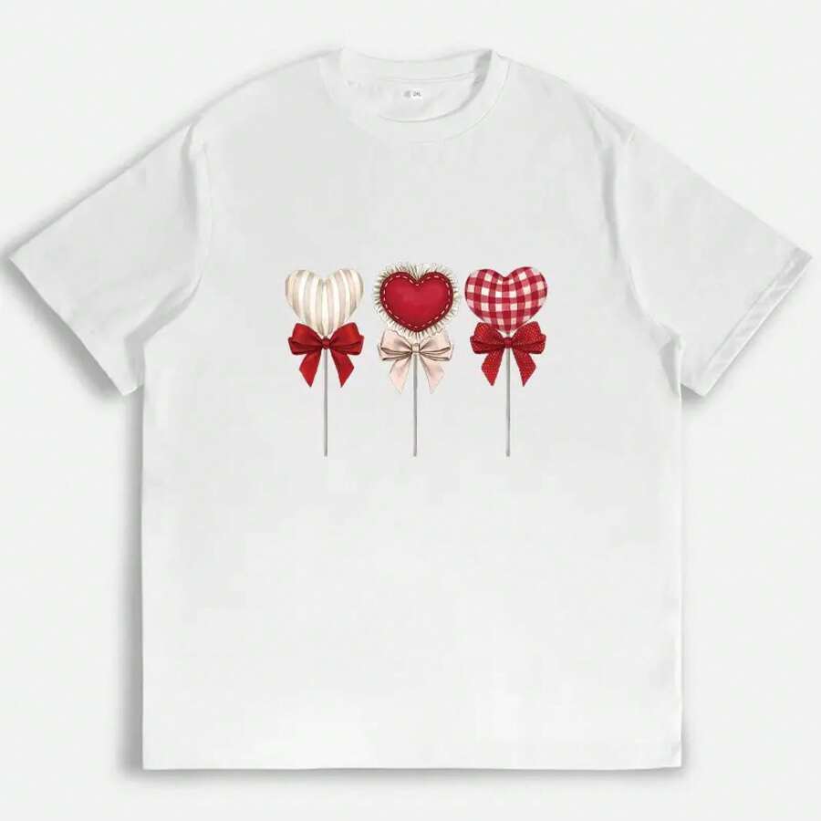 Camiseta con estampado de corazón y lazo, camisas a cuadros y rayas lindas para mujer, estéticas y a la moda, para uso diario casual, suaves y cómodas, camisetas de verano, regalos de San Valentín, tops con estampados. - Blanco - Ver 1
