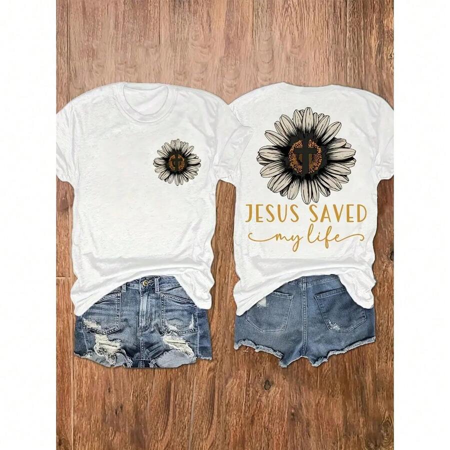 Camiseta de algodón de manga corta para mujer con estampado gráfico "Jesús salvó mi vida", girasol, cruz, fe. Camiseta casual de verano, suave, transpirable, regalo inspirador cristiano. - Blanco - Ver 1