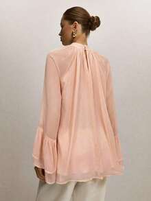 Blusa suelta de moda con mangas acampanadas y cuello raglan de unicolor para mujer - Albaricoque 2 - Ver 2