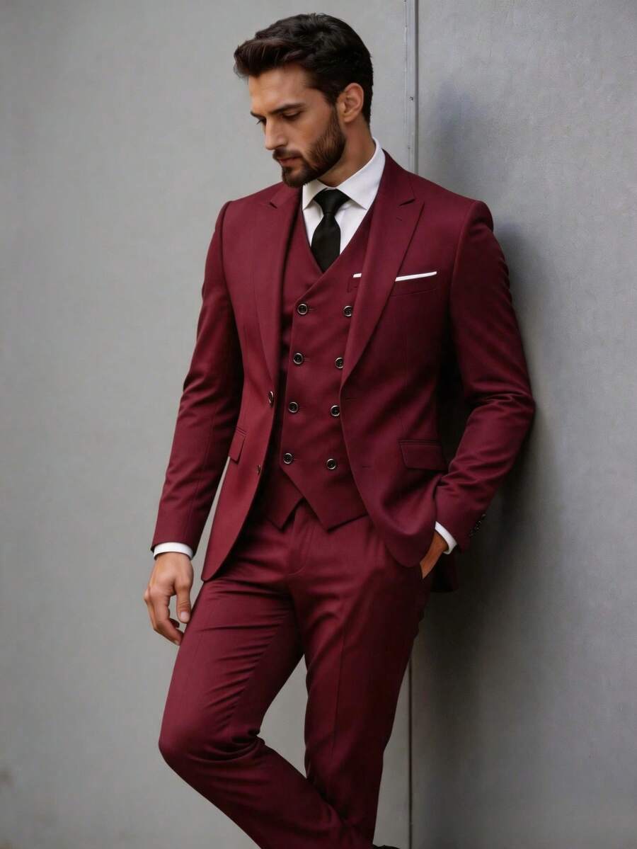 三件套男士英伦纯色双排扣马甲西装套装休闲正装 - 酒紅色 - 查看 1