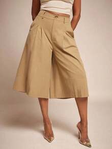 Pantalones culotte de cintura alta con pliegues y pierna ancha - Amarillo - Ver 2