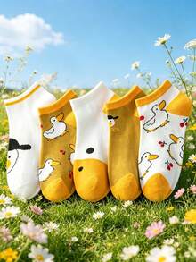 5 đôi tất unisex họa tiết vịt con màu vàng, tất cổ ngắn dễ thương cho nam và nữ, tất mùa hè đa năng. - Nhiều màu - Xem 7