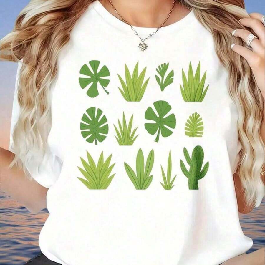 ropa de mujer Camiseta blanca holgada con estampado de hojas tropicales para mujer, top casual de verano de talla grande con diseño de cactus y palmeras, camiseta de mujer, ropa de verano, ropa de mujer, ropa para curvas, camiseta deportiva estampada de manga corta y cuello redondo para mujer, adecuada para deportes y uso diario, camisas de mujer - Blanco - Ver 1