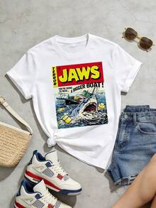 Camiseta de manga corta con cuello redondo suave y casual de verano para mujer, estilo retro de cómic, tiburón, nostalgia de cineaficionados, estilo vintage de cómic, océano, sentimiento cultural clásico, tops para mujer, generación Z, tops, curva, tops de mujer, tops de verano, conjuntos de primavera, estilo callejero americano, casual deportivo, estilo unisex, estilo casual urbano, ropa de calle retro, subcultura, top negro, tops blancos.Blanco - Blanco - Ver 3