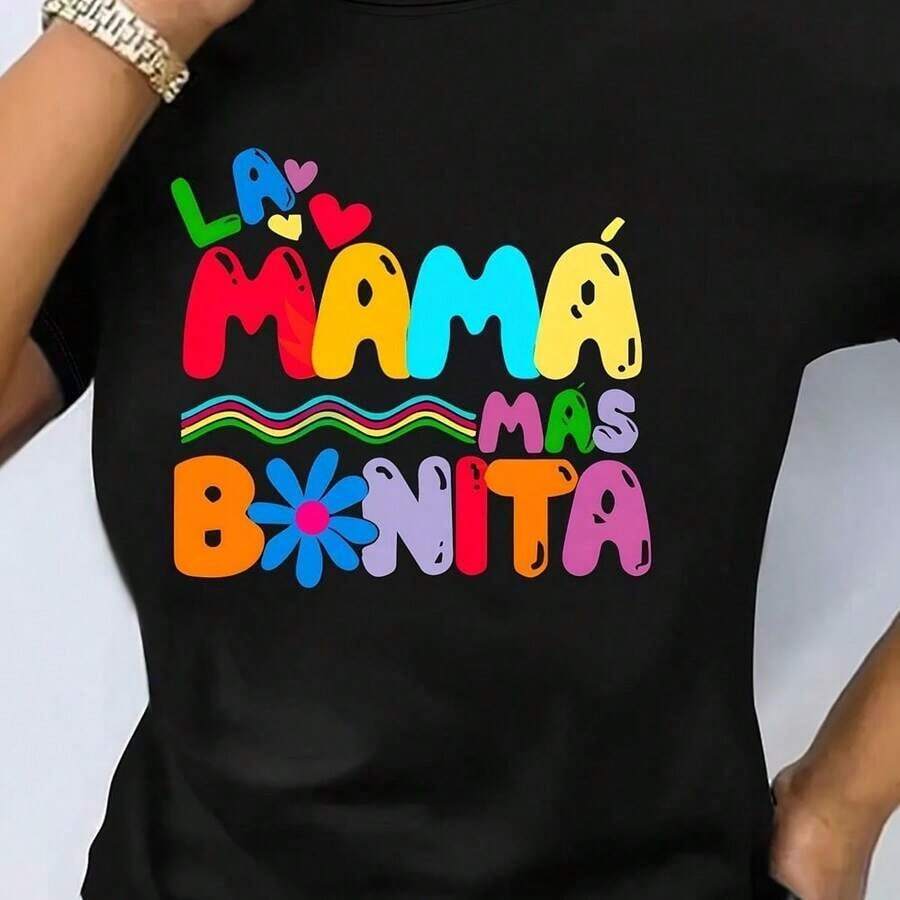 Camiseta para Mujer La Mama Mas Bonita Estampado Colorido Diseño Divertido y Festivo para Madres Talla RegularPure-Cotton - Negro - Ver 1