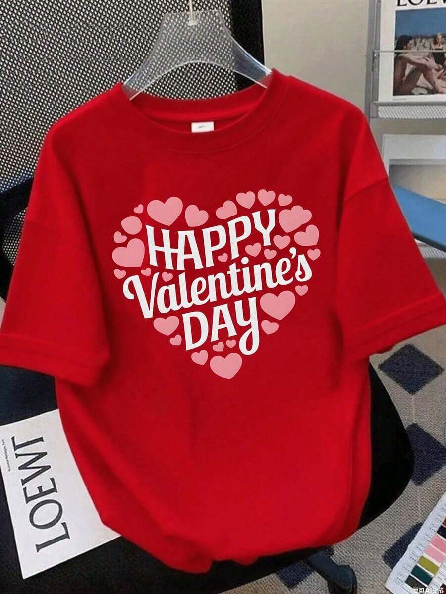 Women's Casual Red T-Shirt With "Happy Valentine's Day" Graphic And Pink Hearts, Short Sleeve Aesthetic Valentine's Day T-Shirt, Loose Style Festive Top, Fashionable Casual Blouse For Parties - Must-Have - 紅色 - 查看 1