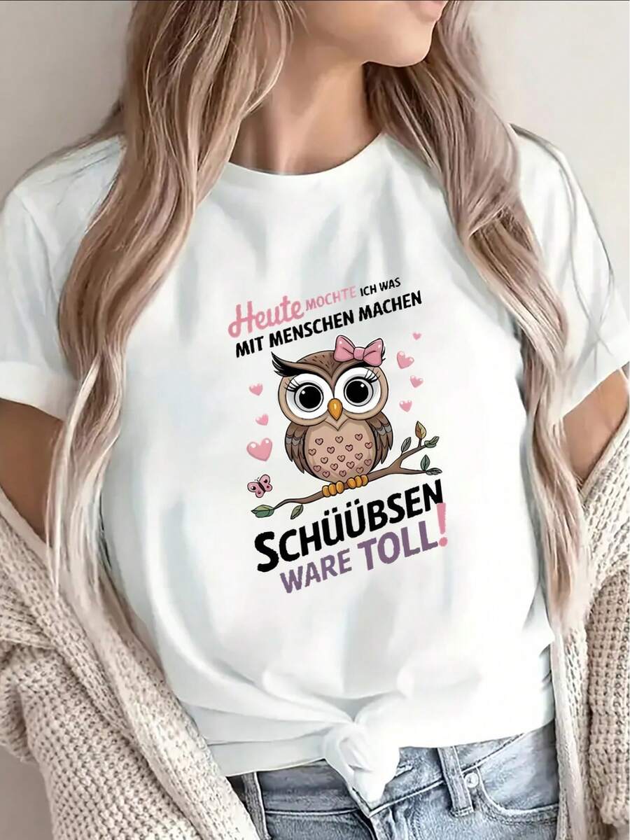 Camiseta de mujer: Una camiseta negra de manga corta, ligera y resistente, con diseño de búho y texto en alemán, perfecta para salidas informales en casa o en una cafetería, ofreciendo una experiencia de uso cómoda para el día a día. - Blanco - Ver 1