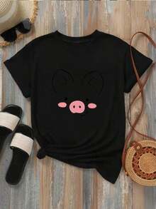 Camiseta Casual para Mujer con Estampado de Cara de Cerdo, Diseño Adorable con Líneas Simples, Color Rosa que Aporta un Toque Divertido, Ideal para Uso Diario, Regalos de Cumpleaños, Día de San Valentín y Uso Cotidiano. - Negro - Ver 1
