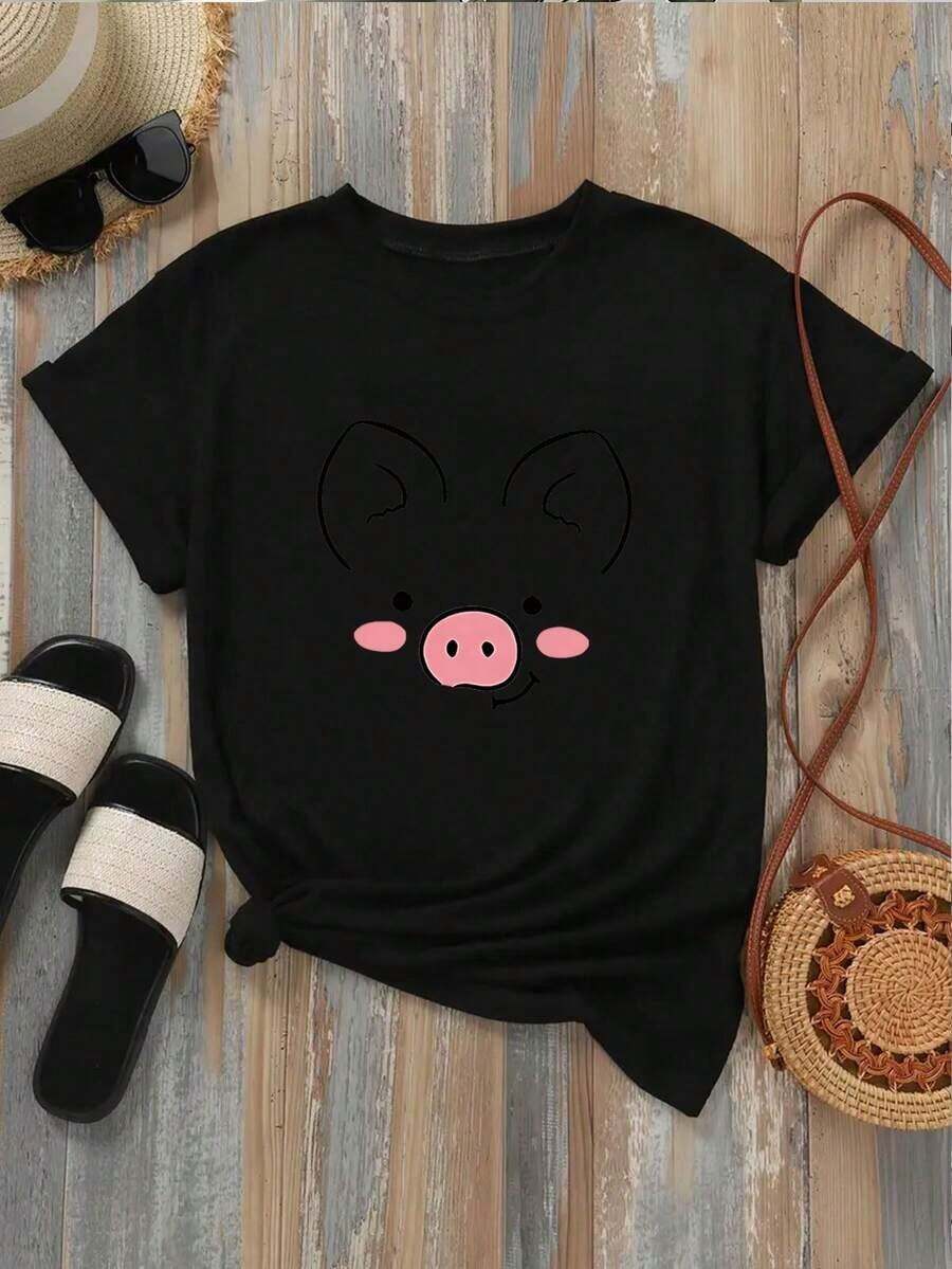 Camiseta Casual para Mujer con Estampado de Cara de Cerdo, Diseño Adorable con Líneas Simples, Color Rosa que Aporta un Toque Divertido, Ideal para Uso Diario, Regalos de Cumpleaños, Día de San Valentín y Uso Cotidiano. - Negro - Ver 1
