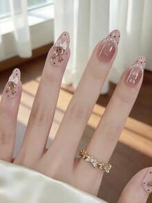 1pc Beige Rabbit Bow 5D Embossed Nail Sticker, Beige Rabbit + Pink Bow + White Lace, Ins Style Soft Nude Color Nail Art Decor Sticker With Self-Adhesive For DIY Nail Stickers - Multicolor - View 2