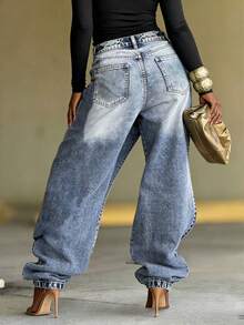 Pantalón de mezclilla nuevo para mujer, de diseño, con superposiciones, lavado a la moda, corte ancho tipo wide leg, favorecedor, estilo urbano, perfecto para looks de día, de calle y ocasiones informales - Azul - Ver 2