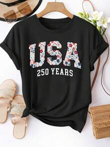 Plus Size Women's Casual Short Sleeve Crew Neck T-Shirt - Designed For American Floral's 250th Anniversary, Stretchy And Breathable Fabric Suitable For Spring And Summer, Women's Top, Comfortable Fit, Commemorative T-Shirt For American Floral's 250th Anniversary. - 黑色 - 查看 6